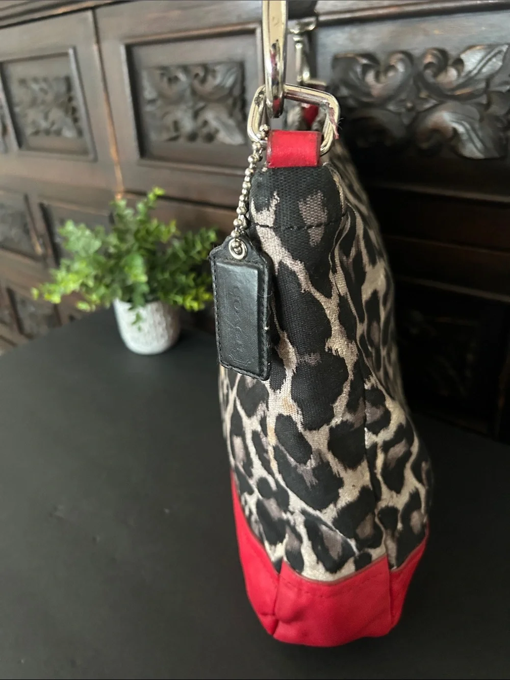 Coach Leopard Print Canvas Shoulder Bag with Red Leather Trim